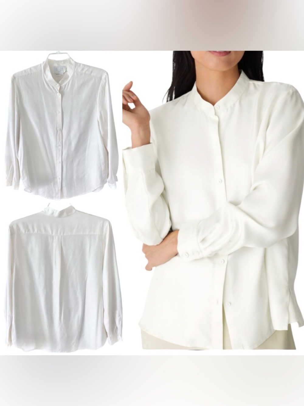 EL LA Designs White Button-Up 100% Silk Shirt with Mandarin Collar Women’s XL